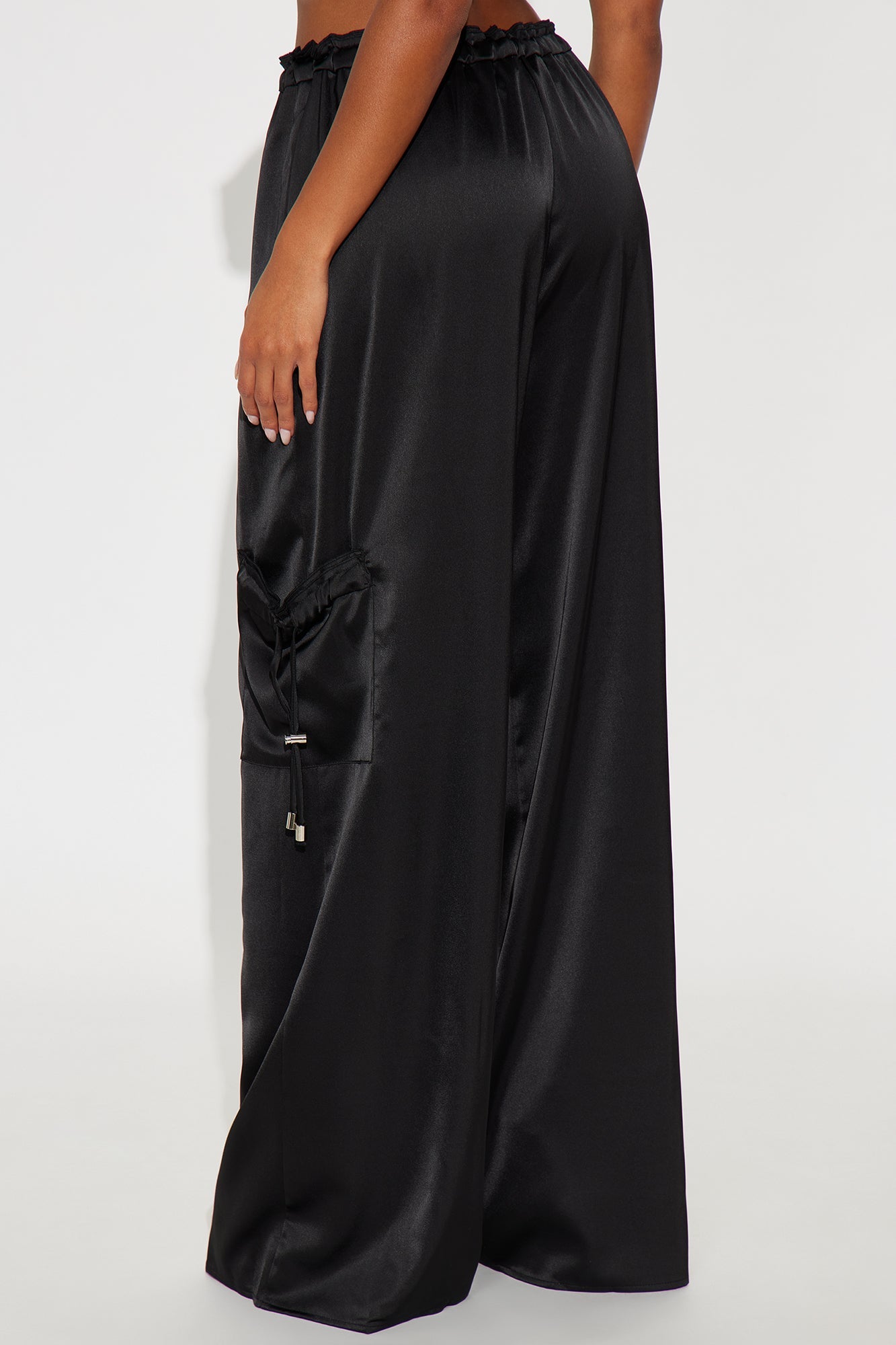 Brielle Satin Wide Leg Cargo Pant 33″ - Black 