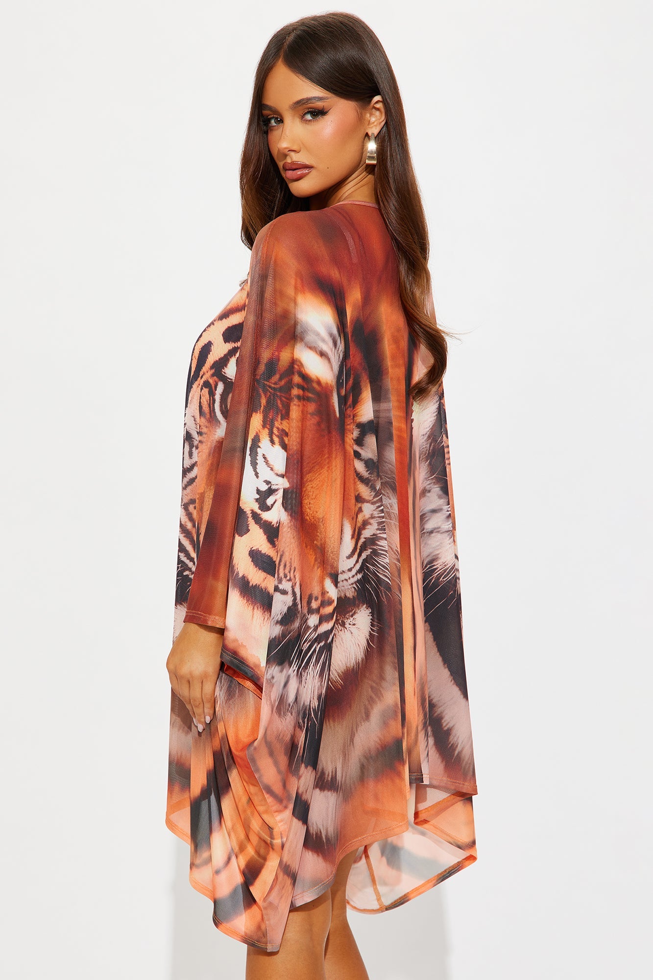 Eye Of The Tiger Poncho Mesh Mini Dress - Orange/combo