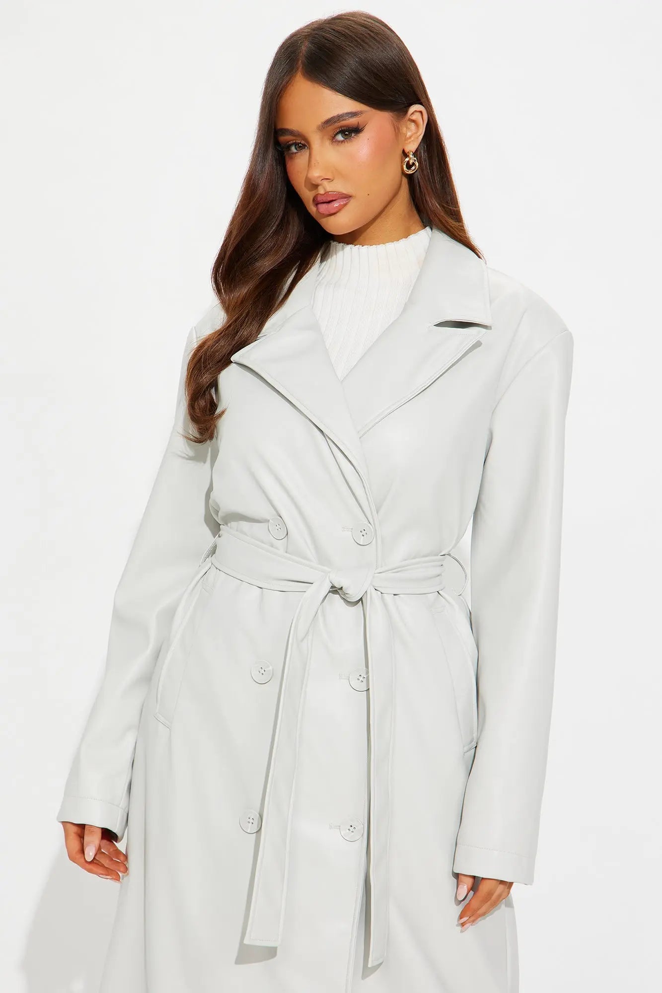 Sidewalk Strut Faux Leather Trench Coat - Light Grey 