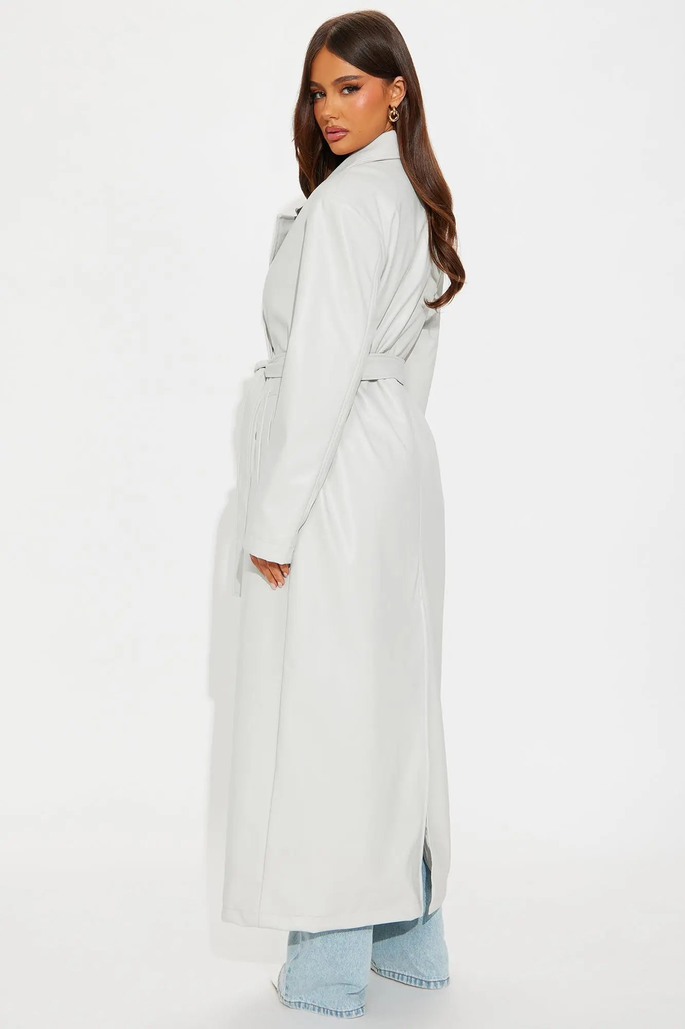 Sidewalk Strut Faux Leather Trench Coat - Light Grey 