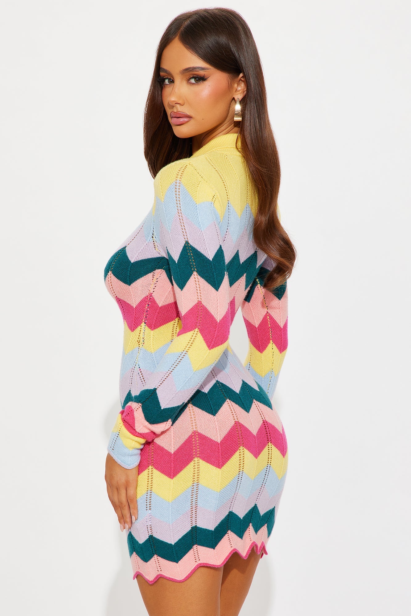 Always Happy Long Sleeve Knit Mini Dress - Multi Color