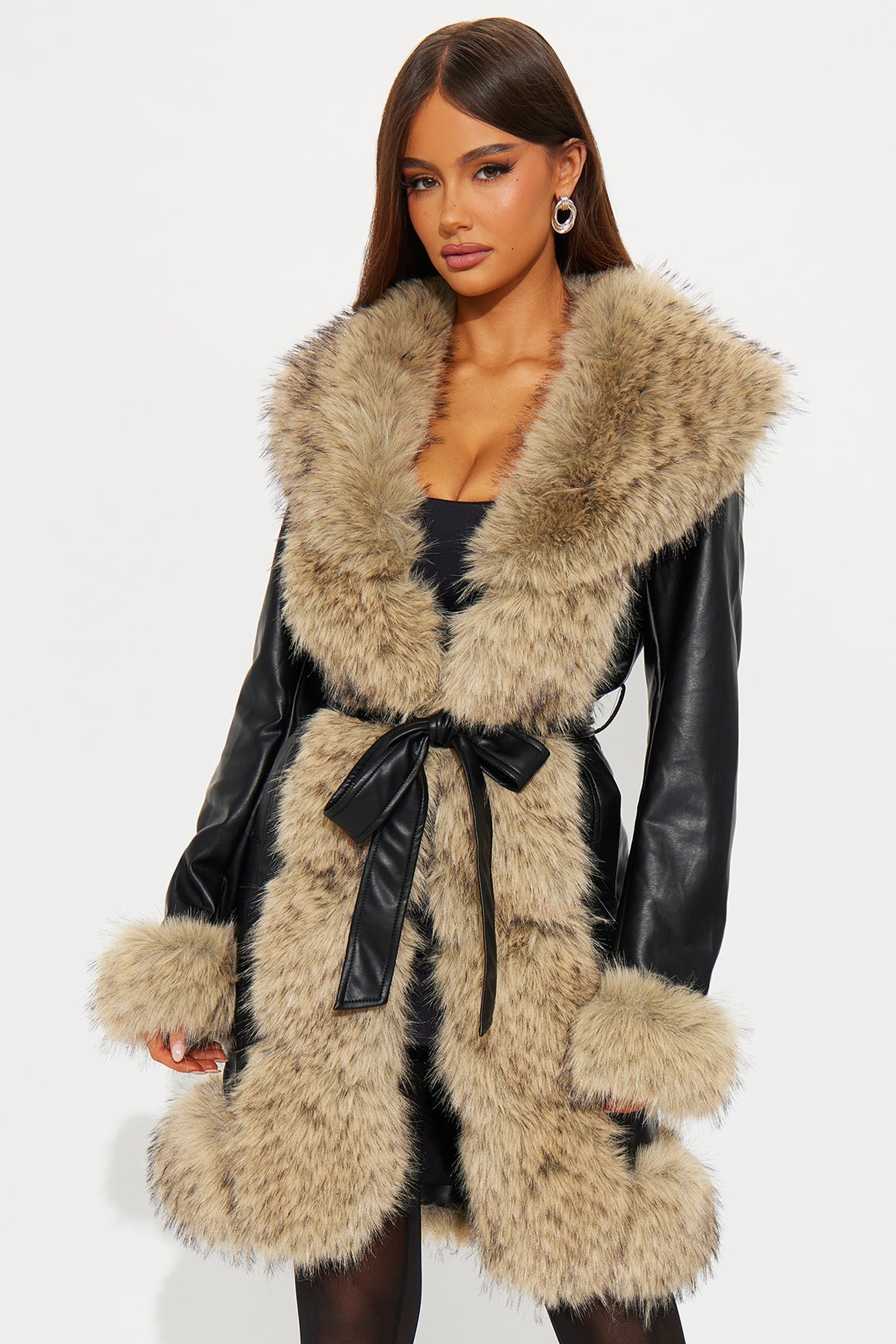 Malina Belted Faux Leather Trench Coat - Black/combo