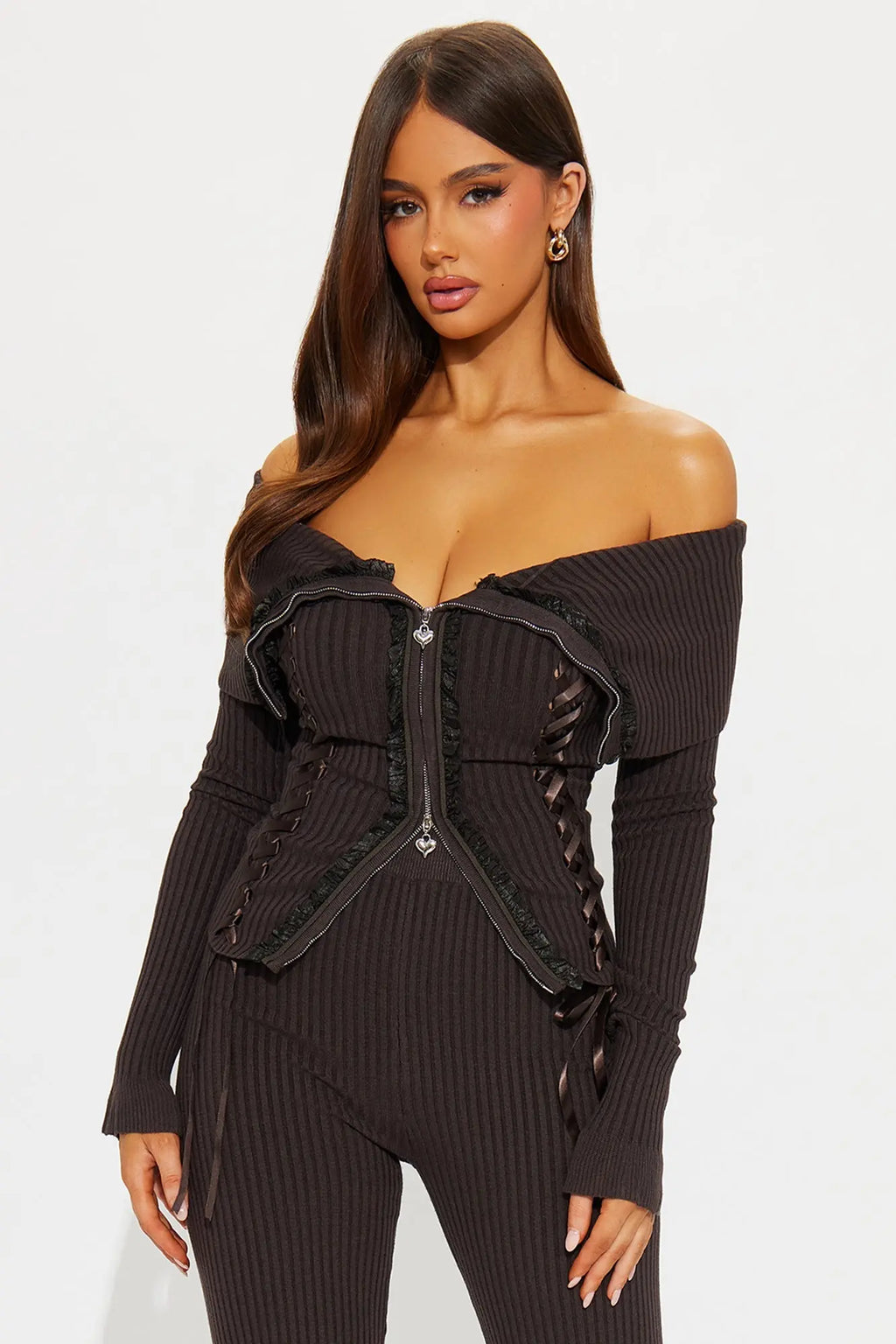 Love Affair Sweater Cardigan Flare Pant Set - Charcoal 