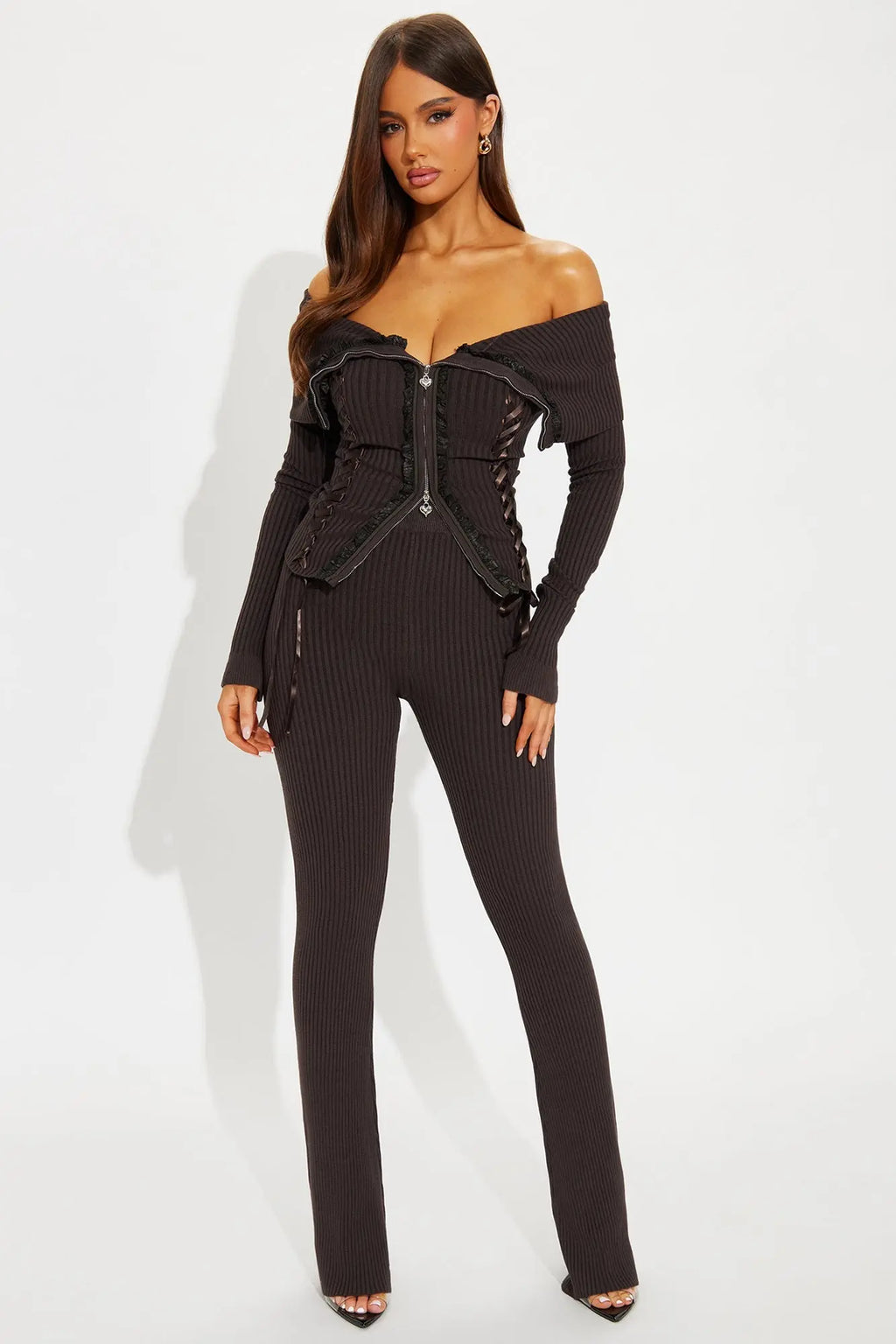 Love Affair Sweater Cardigan Flare Pant Set - Charcoal 