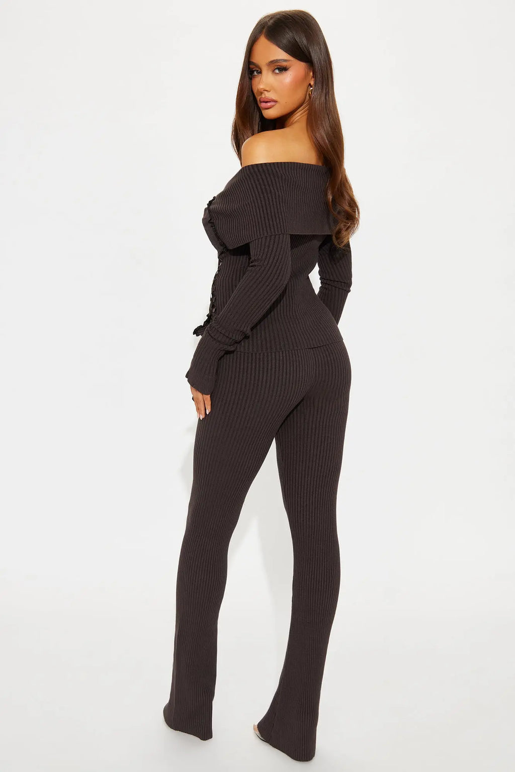 Love Affair Sweater Cardigan Flare Pant Set - Charcoal 