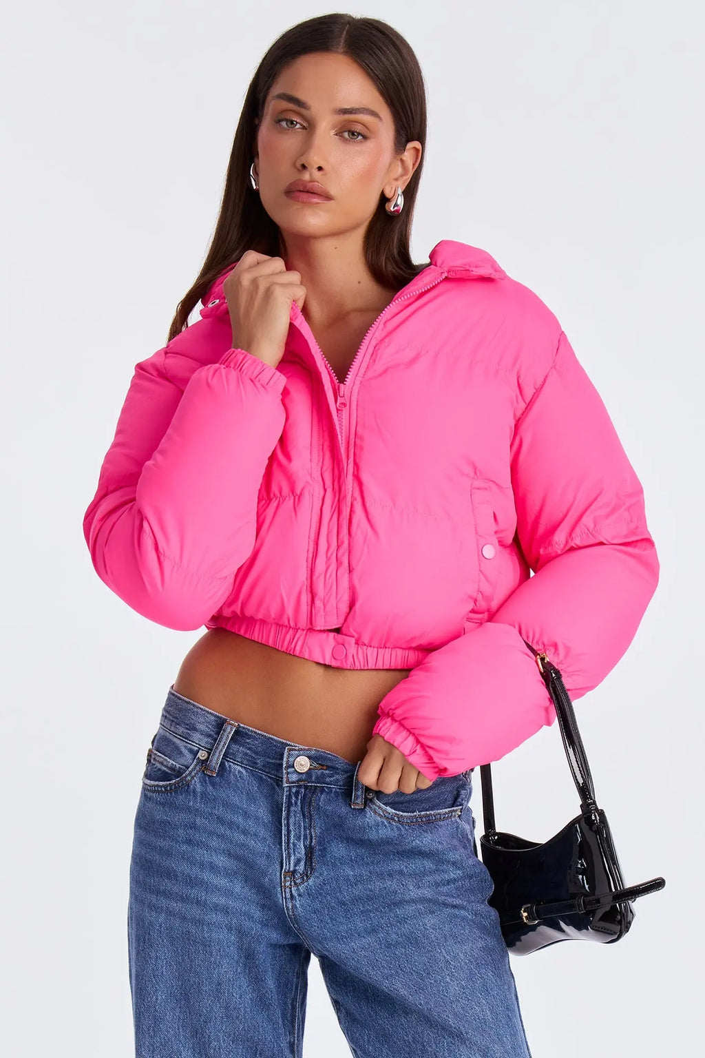 Dakota Cropped Hooded Puffer Jacket - Hot Pink 