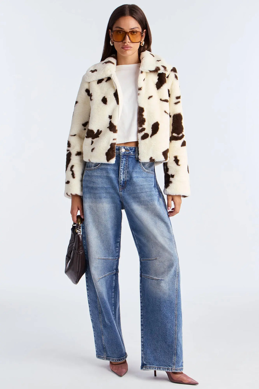 Nashville Nights Cow Print Faux Fur Coat - Brown/combo 