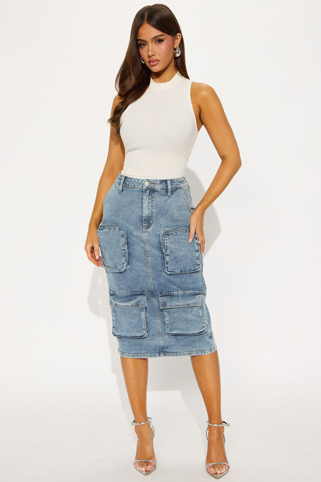Sakura Cargo Denim Midi Skirt - Medium Wash 