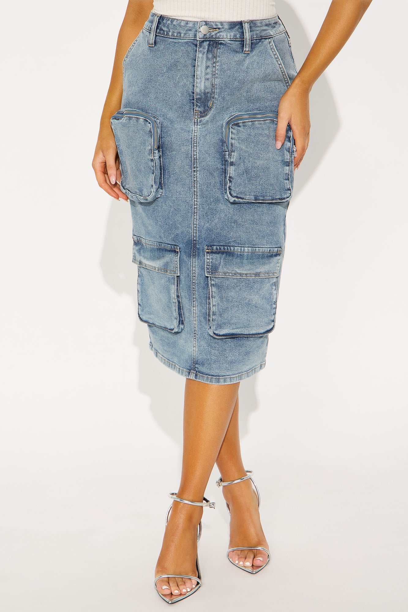 Sakura Cargo Denim Midi Skirt - Medium Wash 