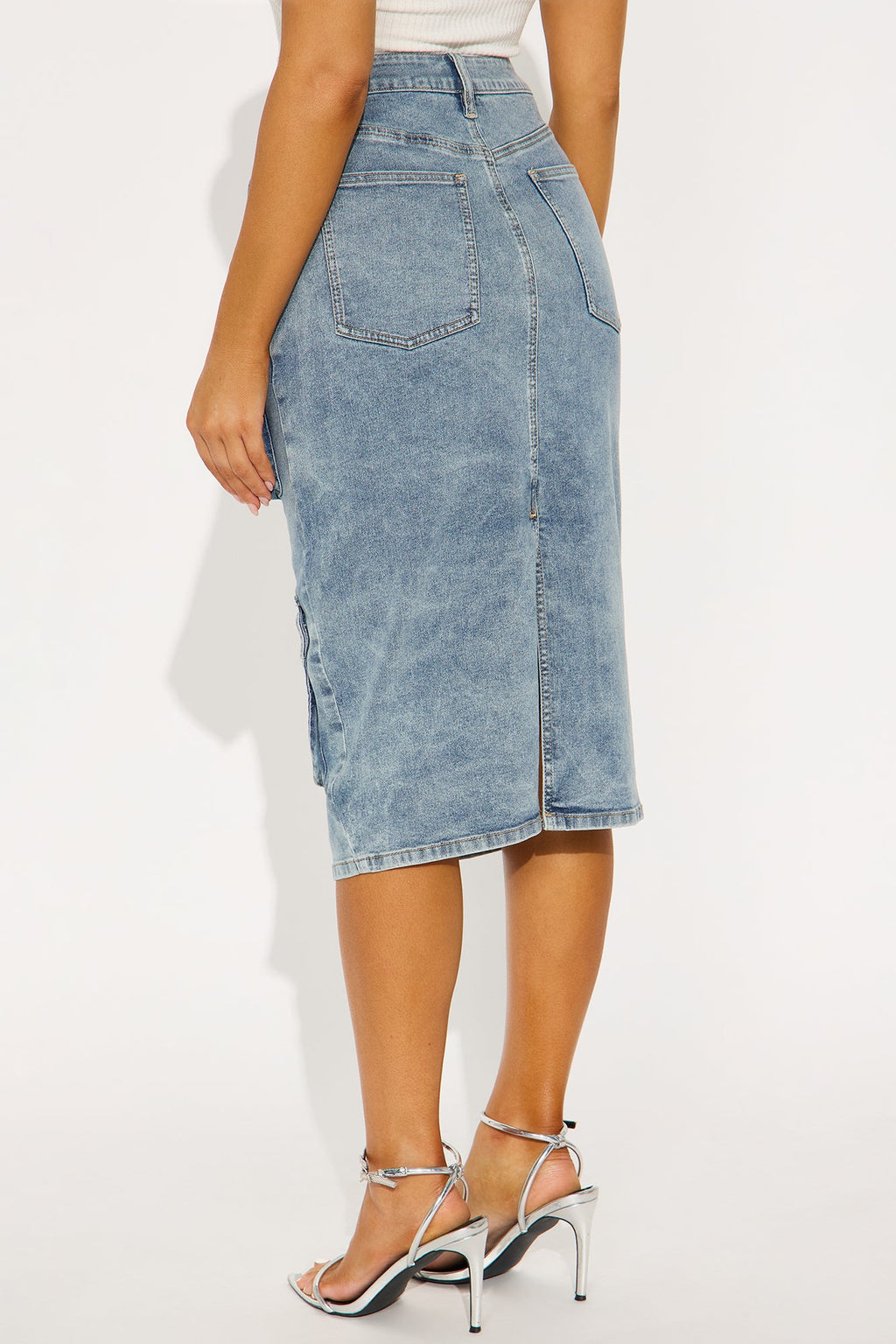 Sakura Cargo Denim Midi Skirt - Medium Wash 