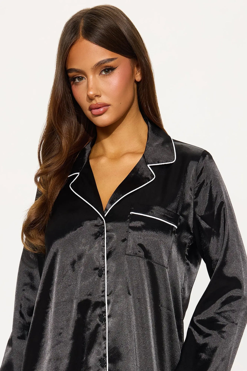 Bedtime Satin Long Sleeve PJ Sleep Shirt - Black 