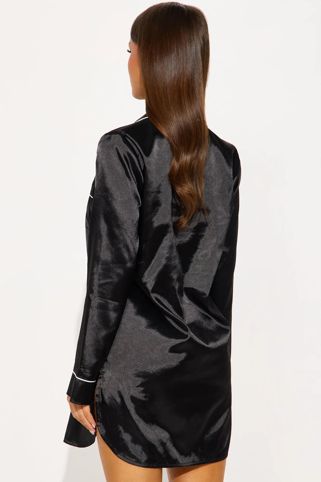 Bedtime Satin Long Sleeve PJ Sleep Shirt - Black 
