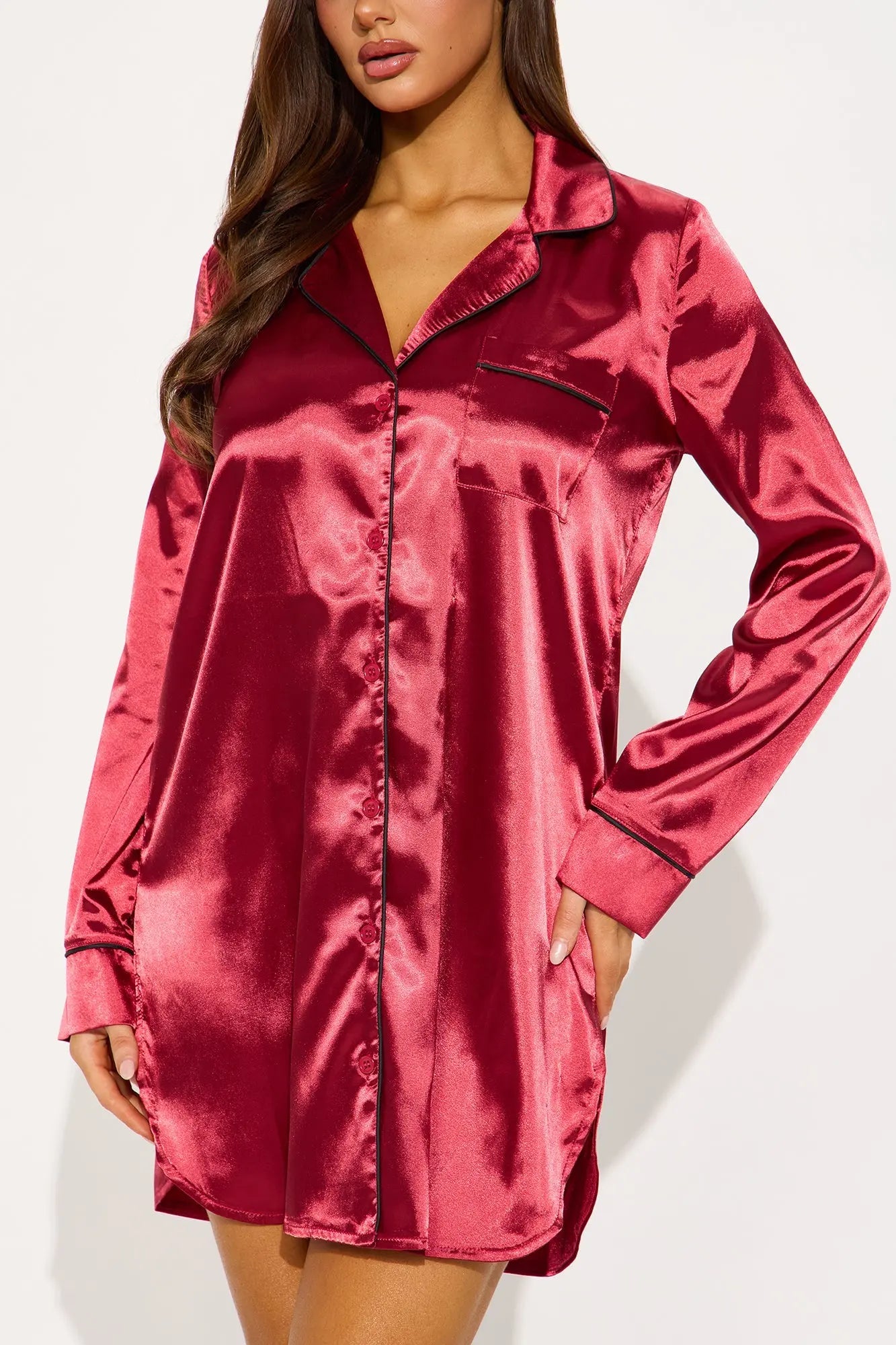 Bedtime Satin Long Sleeve PJ Sleep Shirt - DarkRed 