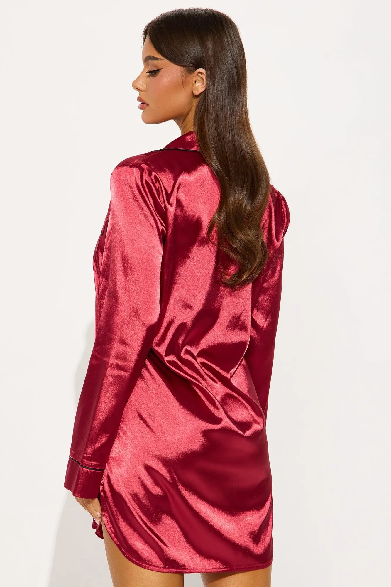 Bedtime Satin Long Sleeve PJ Sleep Shirt - DarkRed 