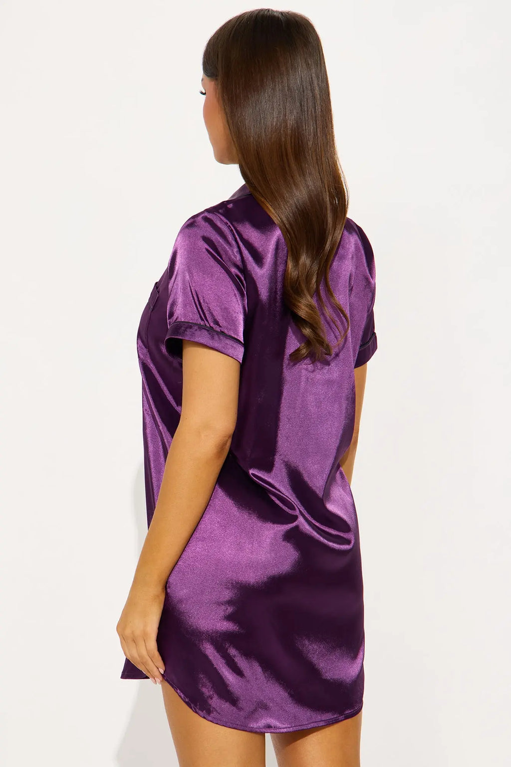 Bedtime Satin Short Sleeve PJ Sleep Shirt - Eggplant 