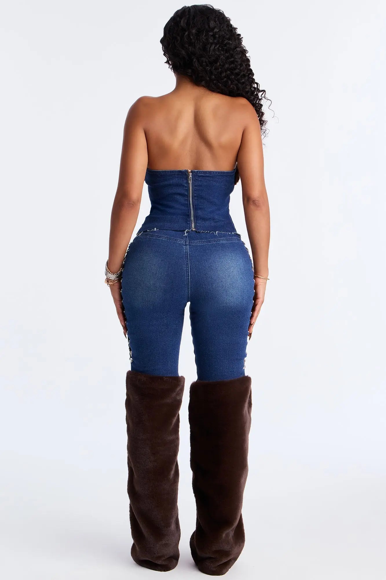 Untamed Edge Faux Fur Pant Set - Dark Wash 