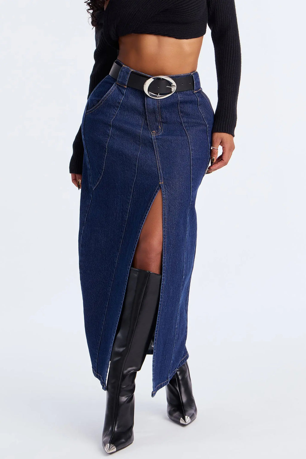Penny Front Slit Denim Maxi Skirt - Rinse Blue Wash 