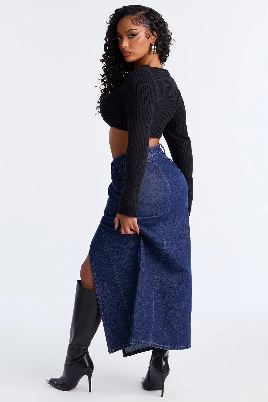 Penny Front Slit Denim Maxi Skirt - Rinse Blue Wash 