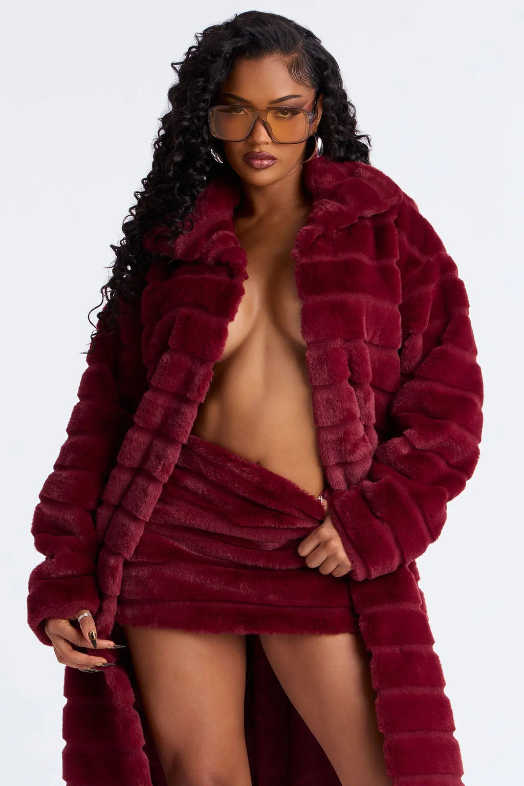 Paloma Faux Fur Trench Coat - Burgundy 
