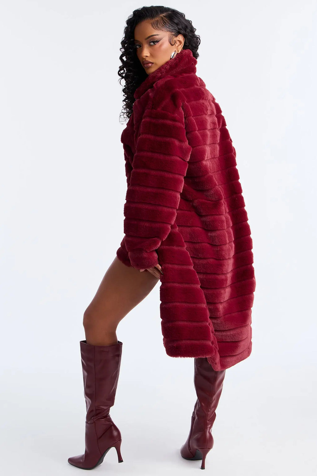 Paloma Faux Fur Trench Coat - Burgundy 