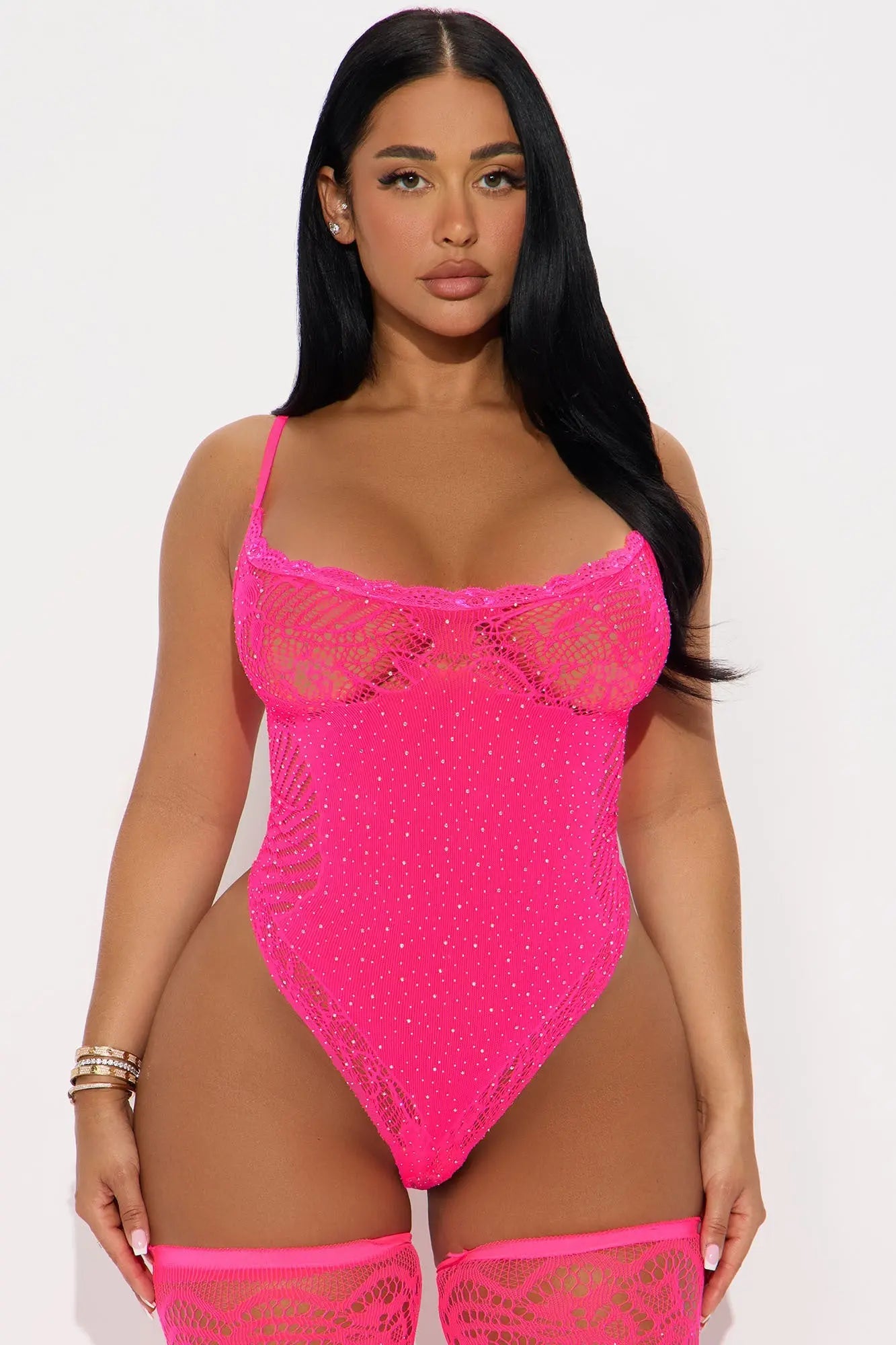 Yvette Fishnet Glitter High Cut Bodystocking - Pink 