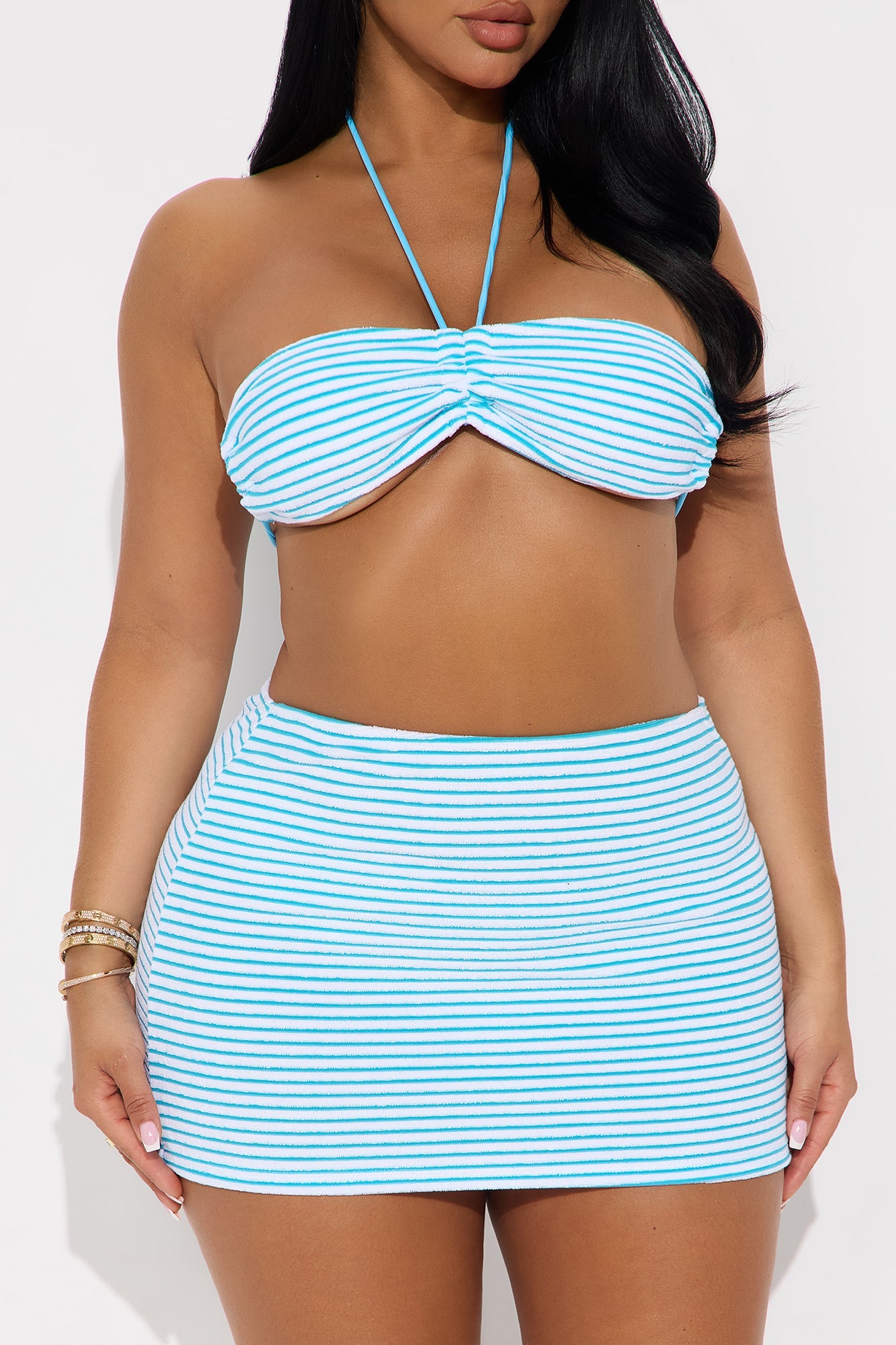 Johanna Stripe Terry 3 Piece Bikini & Skirt Set - Blue/combo 
