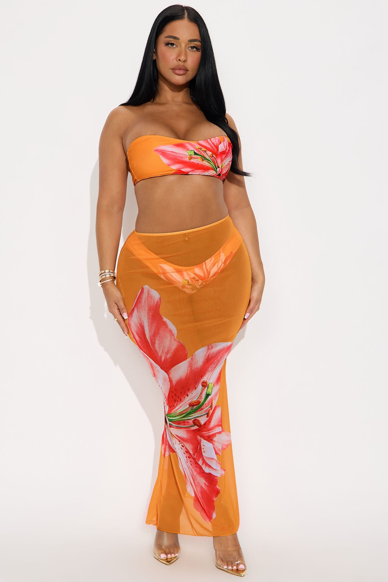 Kiana Flower Bandeau 3 Piece Bikini Maxi & Skirt Set - Orange/combo 