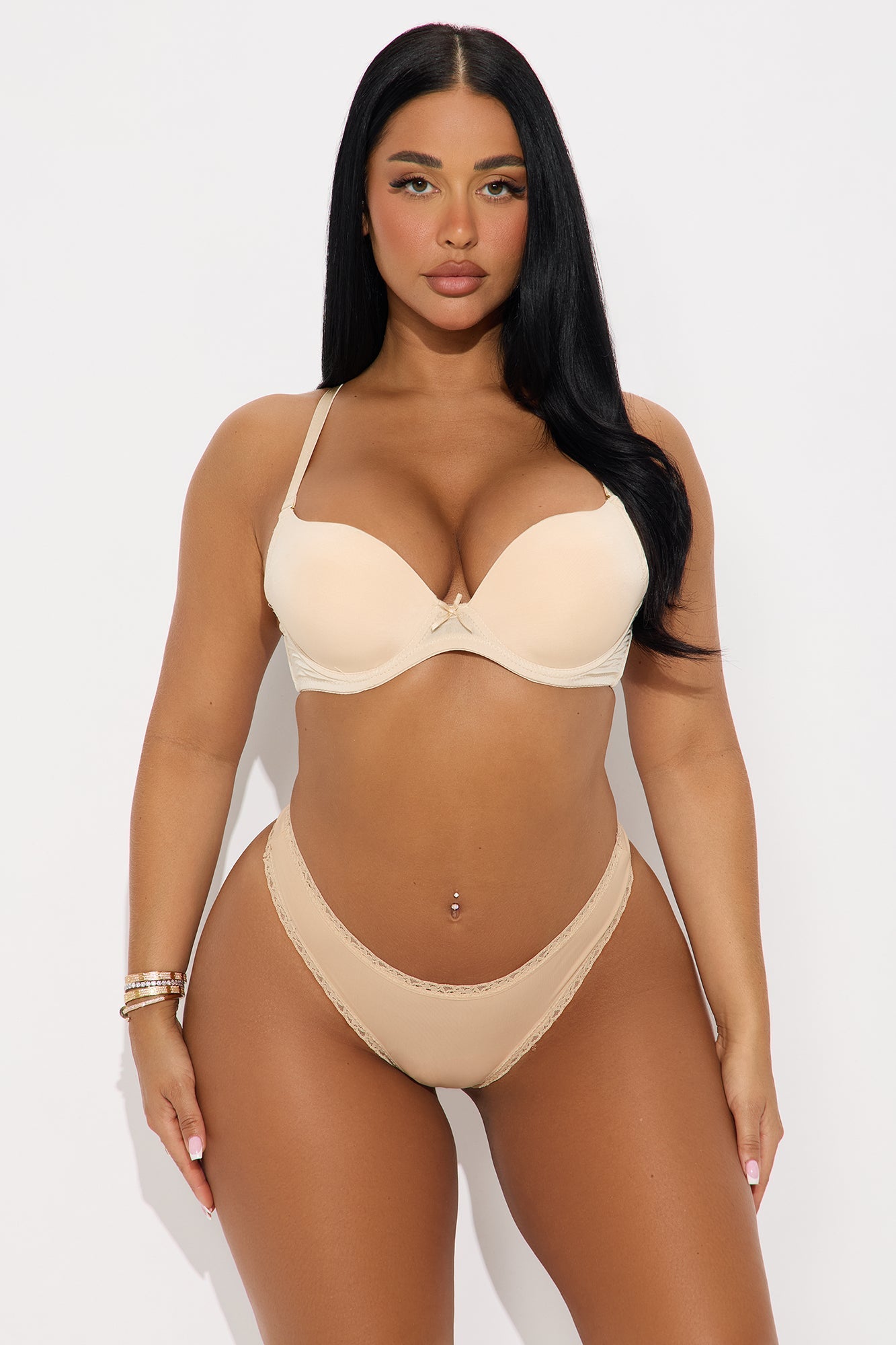 Lace Trim Bow Thong - Nude