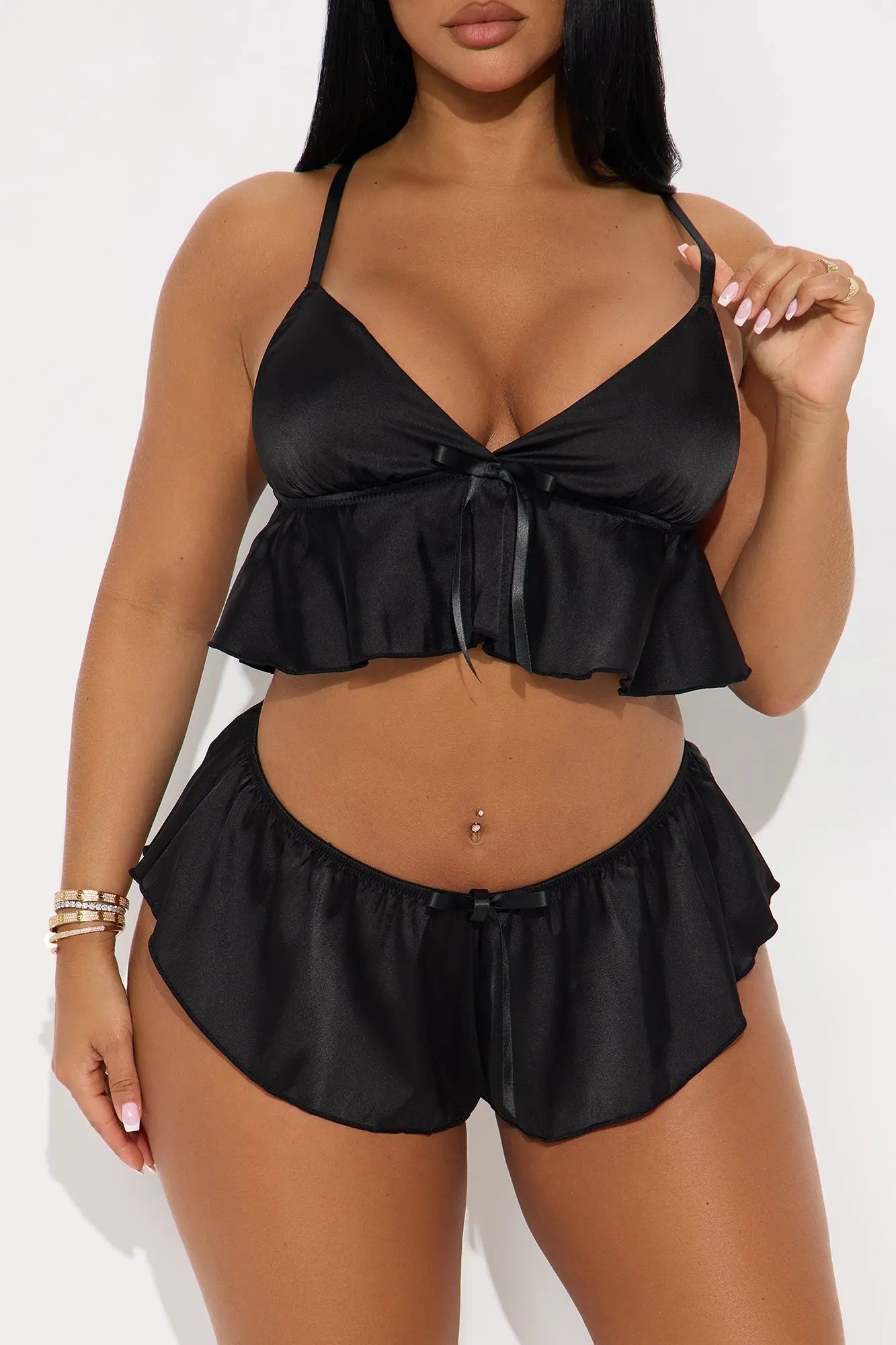 Lovely Romance Satin Cami Short 2 Piece Set - Black 
