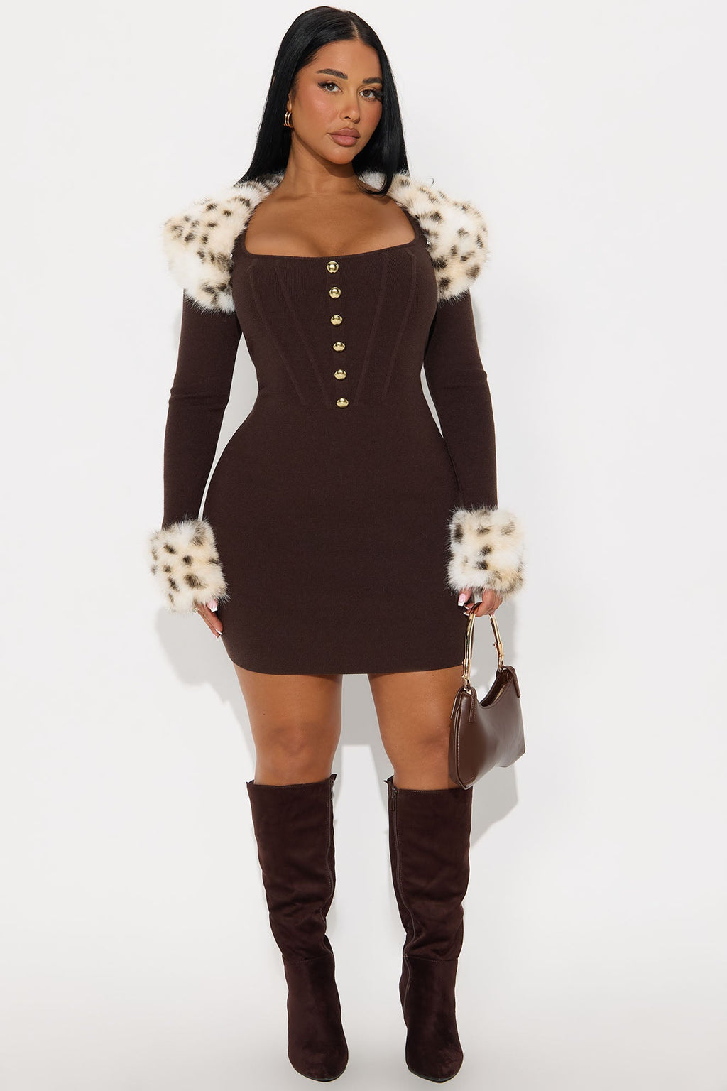 Maggie Fur Trim Sweater Mini Dress - Chocolate/Combo