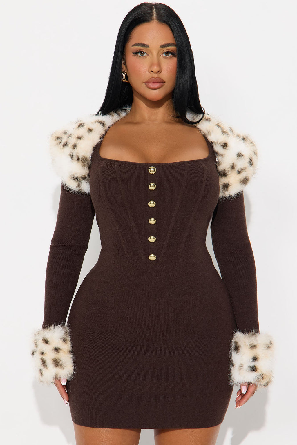Maggie Fur Trim Sweater Mini Dress - Chocolate/Combo