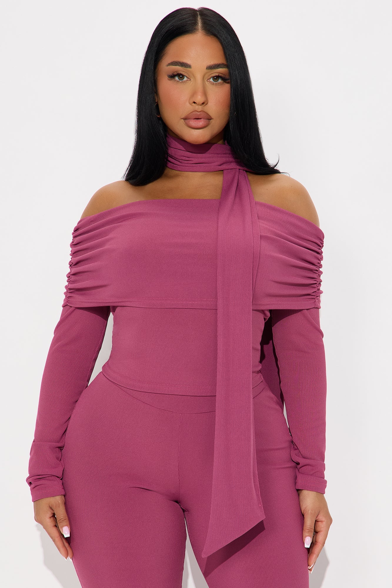 Ella Scarf Off Shoulder 3 Piece Pant Set - Magenta