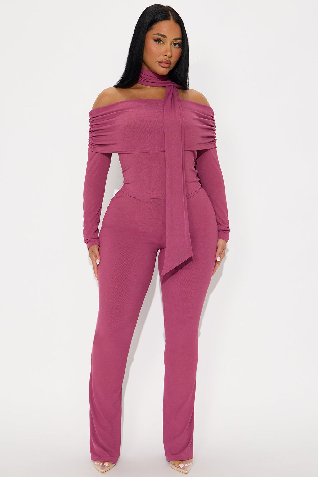 Ella Scarf Off Shoulder 3 Piece Pant Set - Magenta