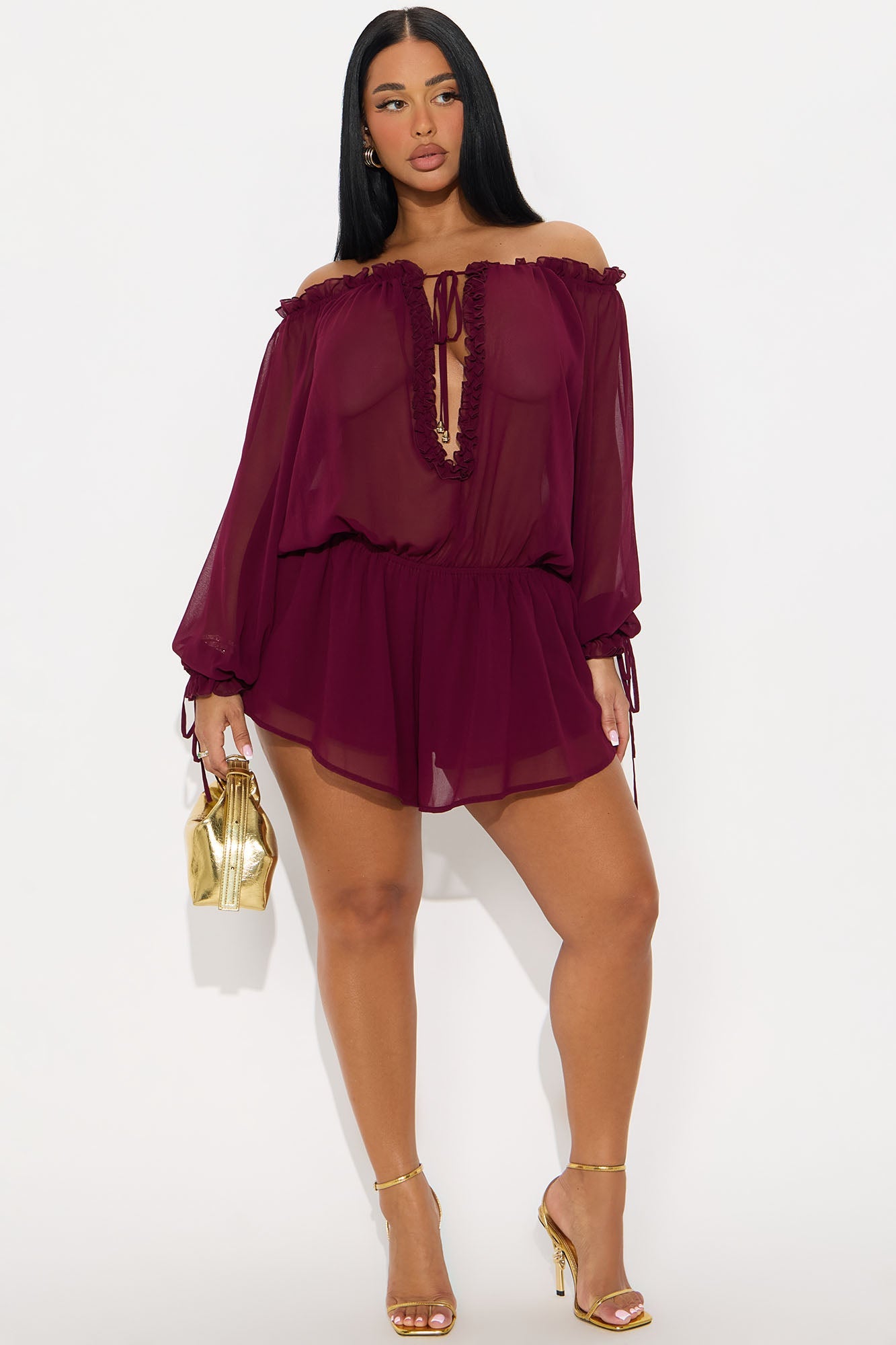 Queen of Hearts Chiffon Long Sleeve Romper - Wine