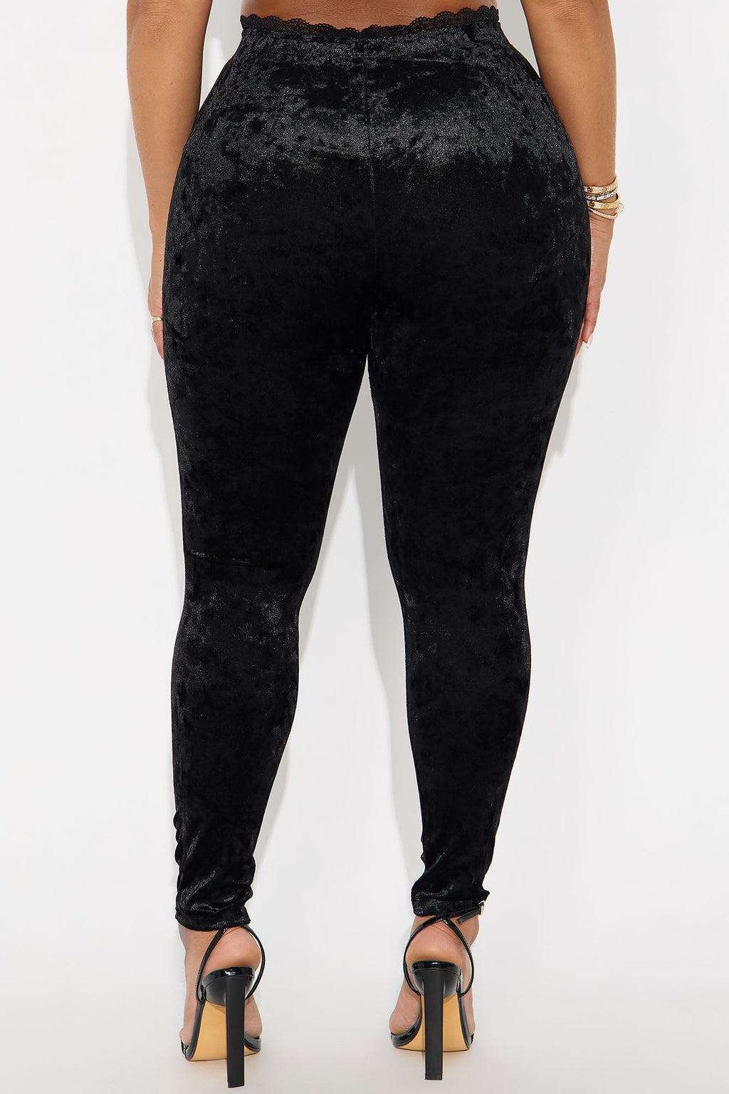 Valentina Solid Lace Trim Hammered Velvet Legging - Black