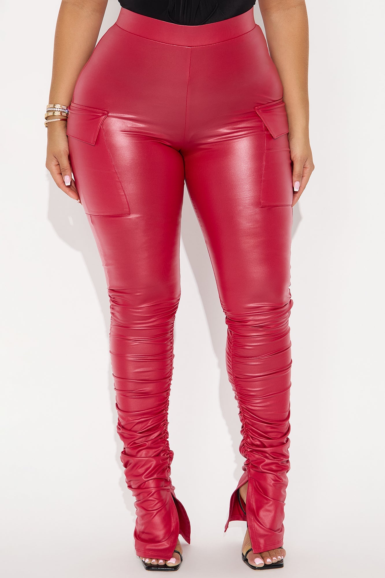 Stacked Up Faux Leather Cargo Legging - Red 