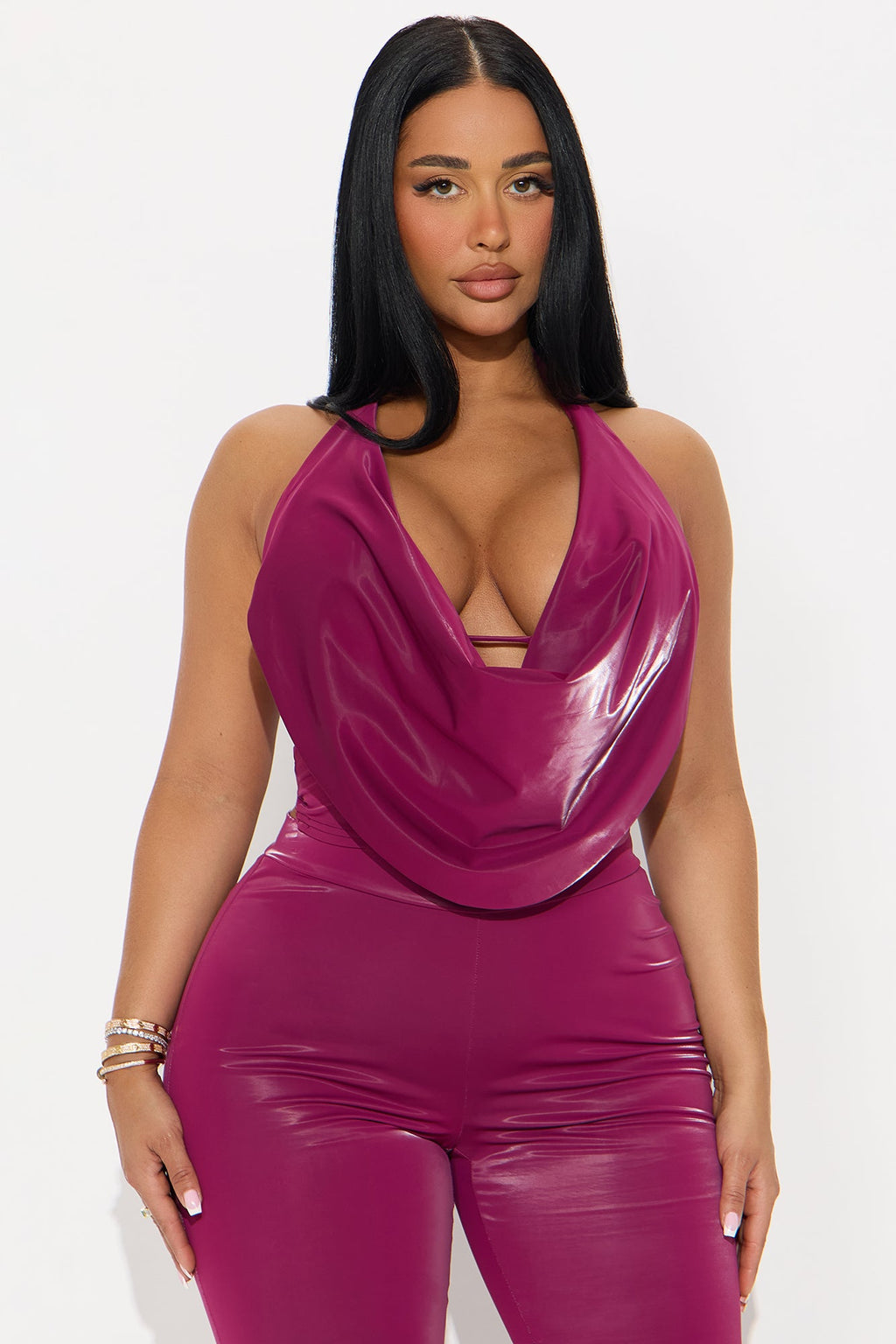 Harley Coated Faux Leather Halter Capri Set - Wine 
