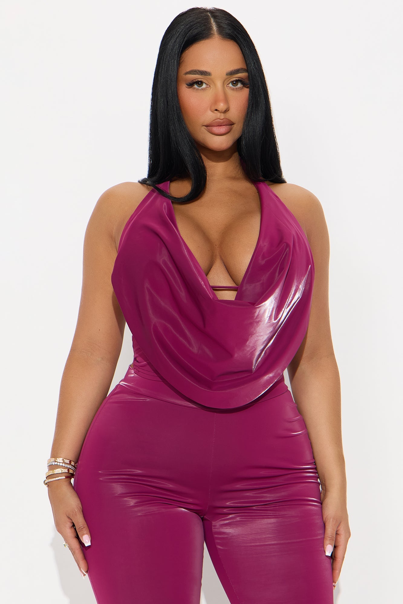 Harley Coated Faux Leather Halter Capri Set - Wine 