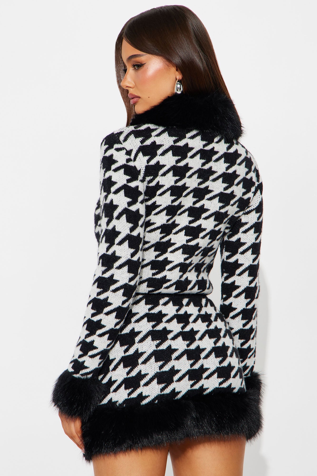 Cher Fur Trim Cardigan Sweater Skirt Set - Black