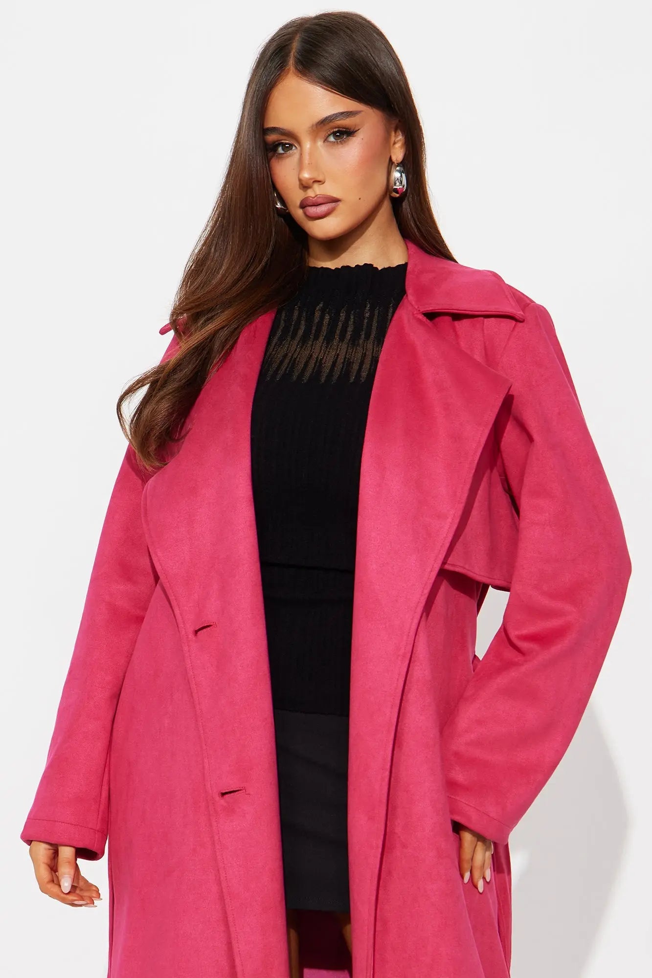 Topic of Conversation Faux Suede Trench Coat - Fuchsia 