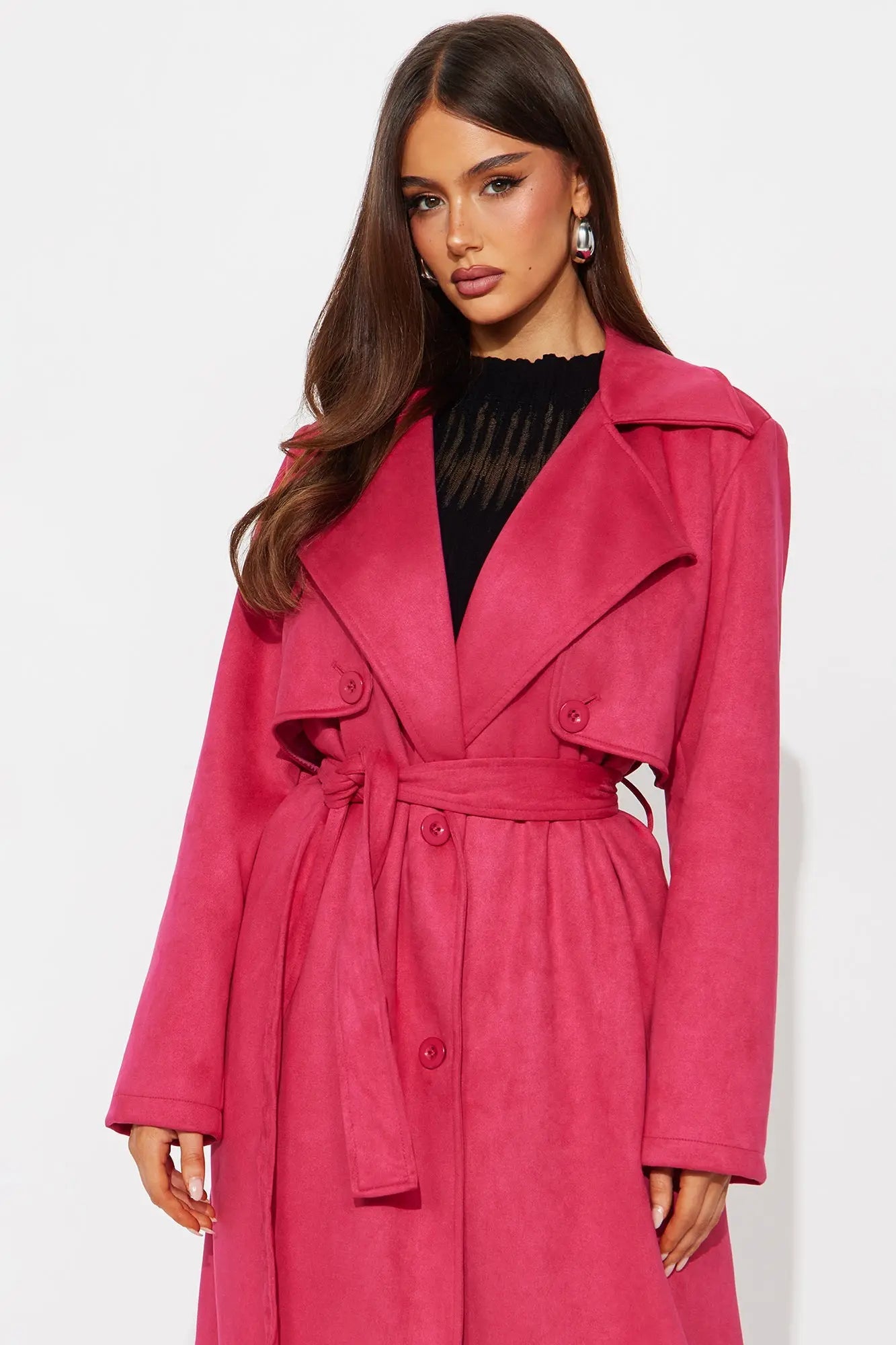 Topic of Conversation Faux Suede Trench Coat - Fuchsia 