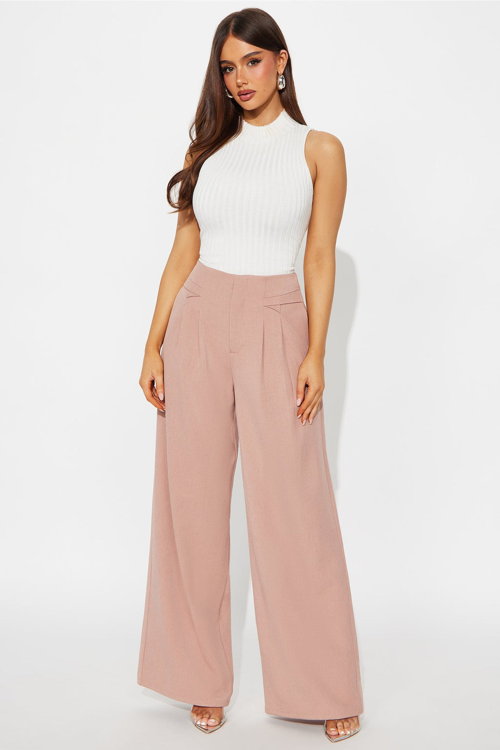 Level You Up Wide Leg Twill Pant 32″ - Mauve 