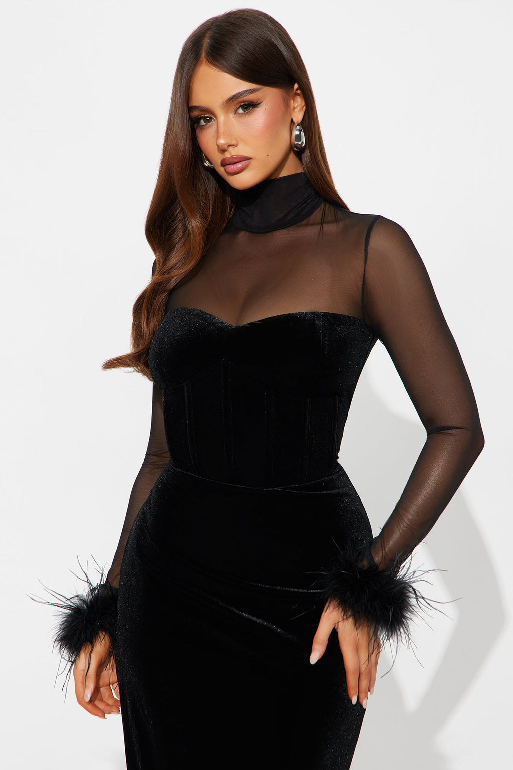 Dream Girl Fur Trim Velvet Midi Dress - Black