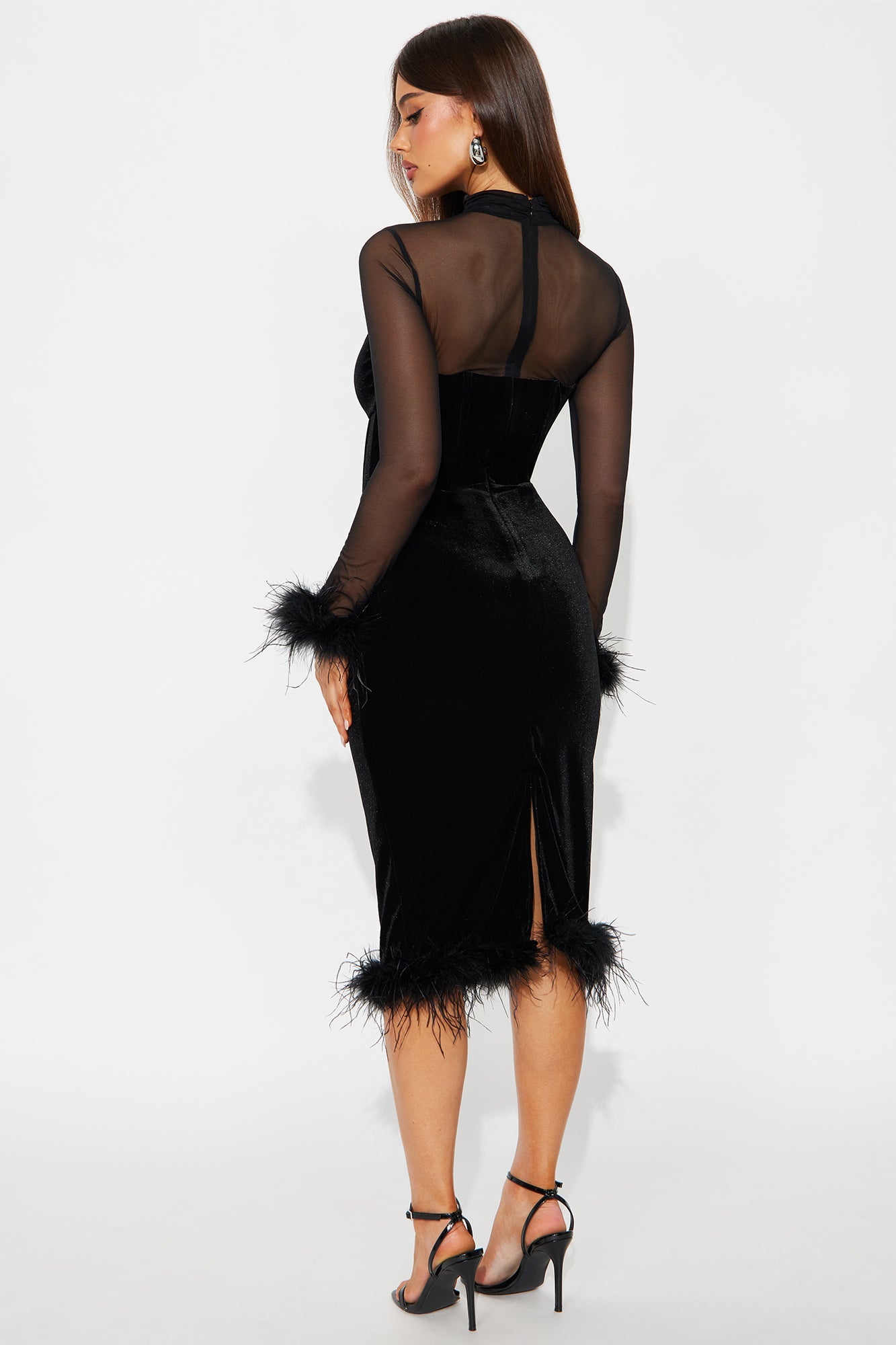 Dream Girl Fur Trim Velvet Midi Dress - Black