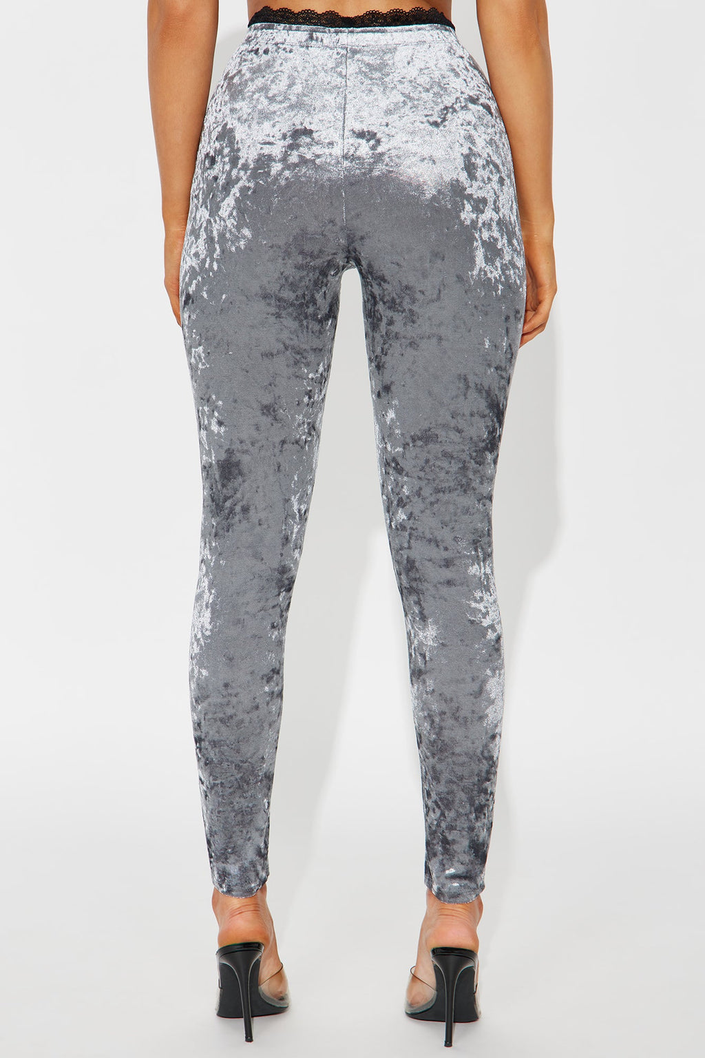 Valentina Solid Lace Trim Hammered Velvet Legging - Silver
