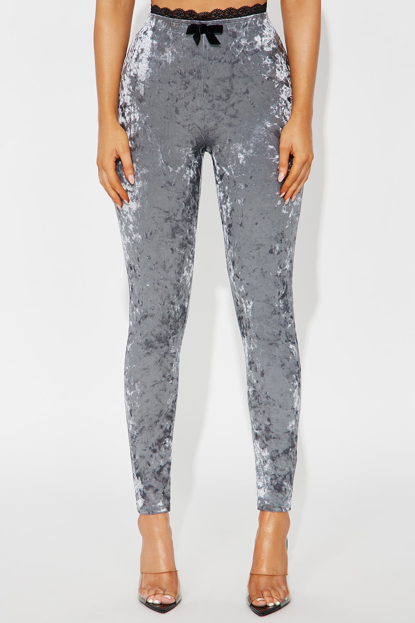Valentina Solid Lace Trim Hammered Velvet Legging - Silver