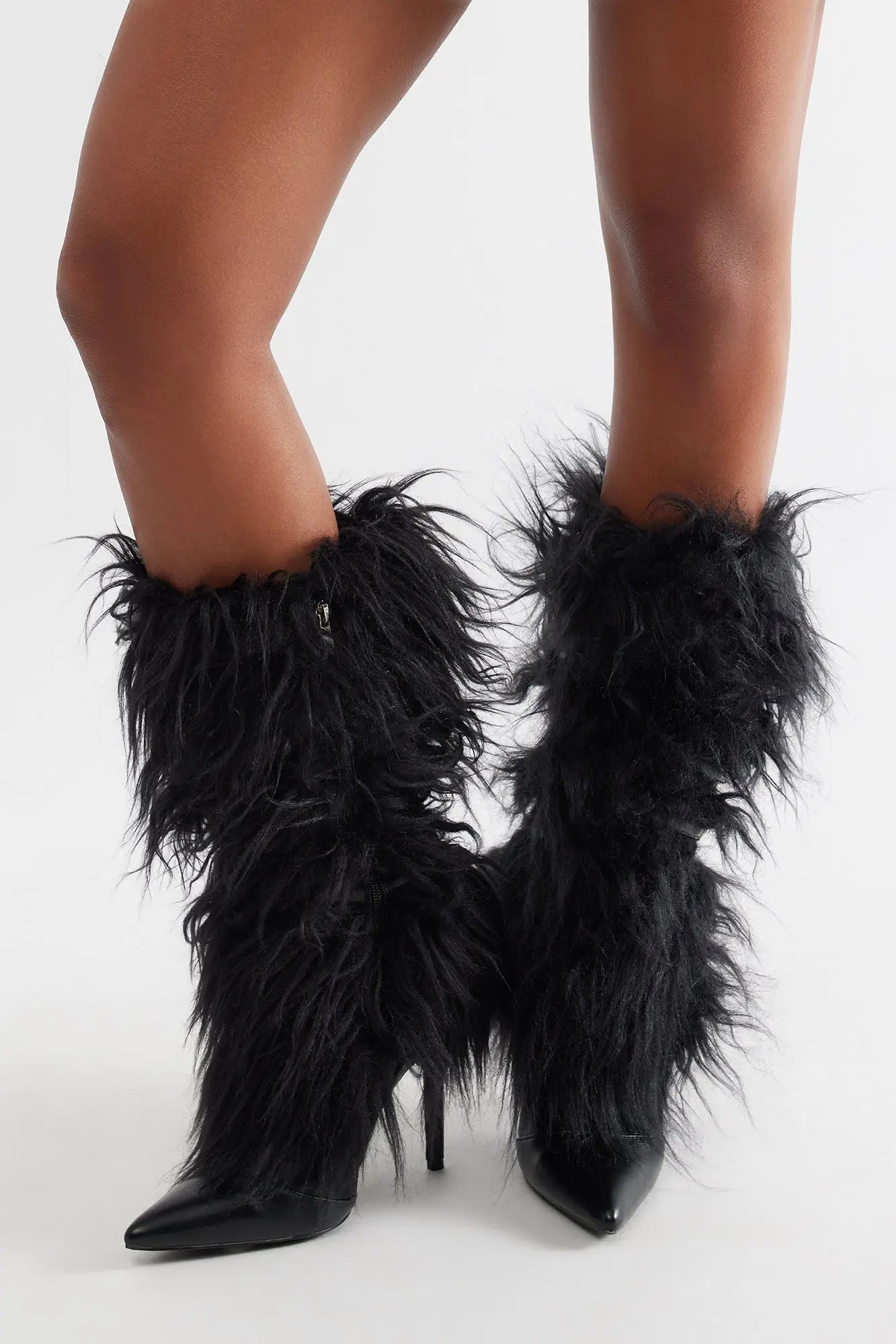 Lambo Faux Fur Knee High Boots - Black 