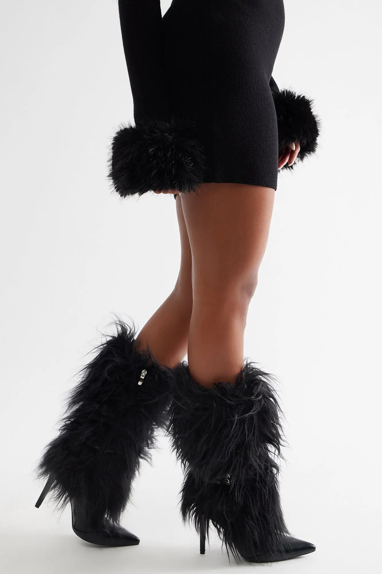 Lambo Faux Fur Knee High Boots - Black 