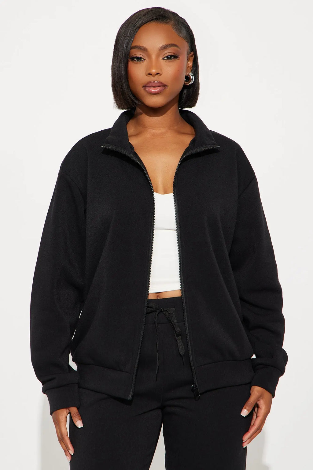Demi Zip Up Fleece Pant Set - Black 
