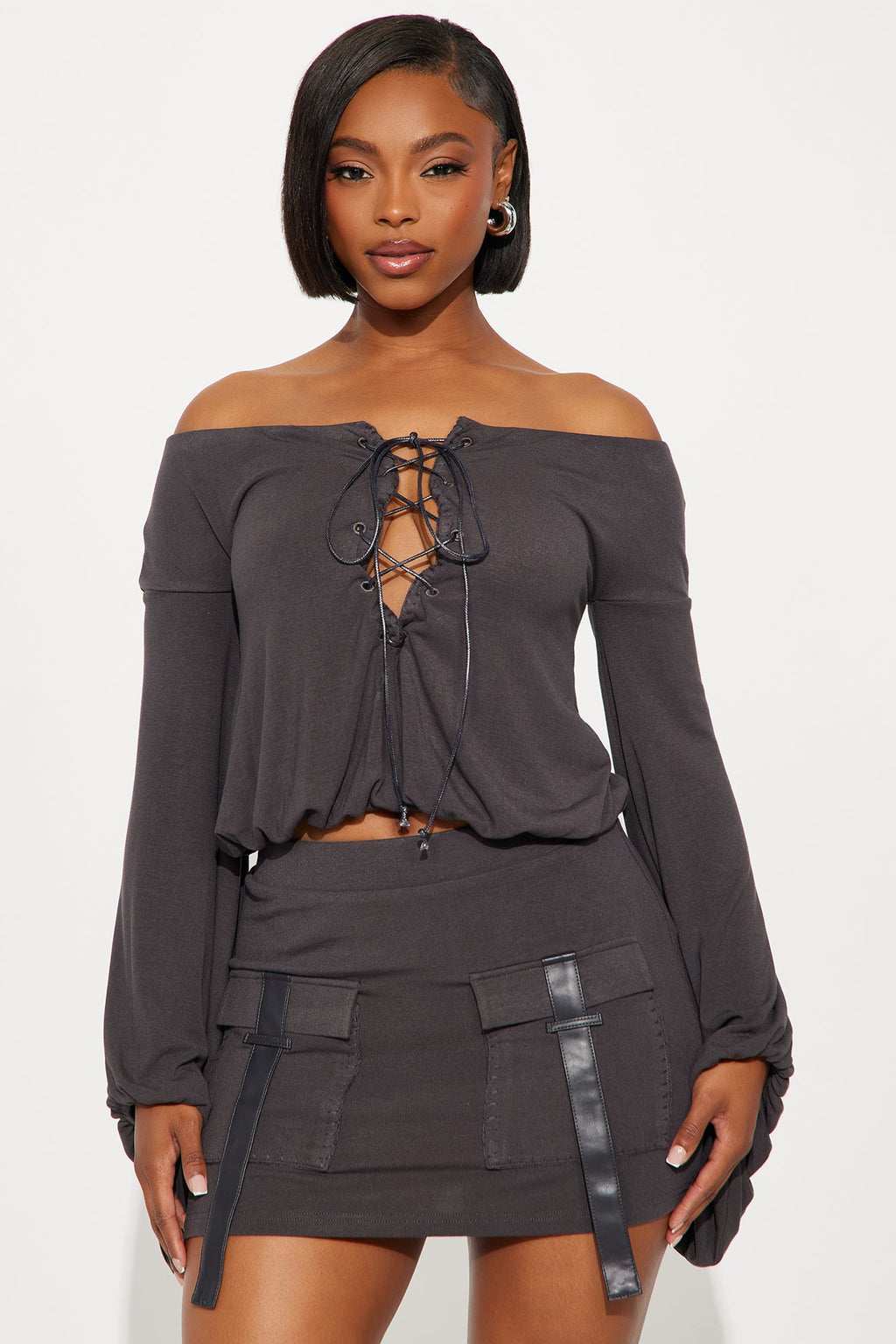 Tied To You Off Shoulder Skirt Set - Charcoal 